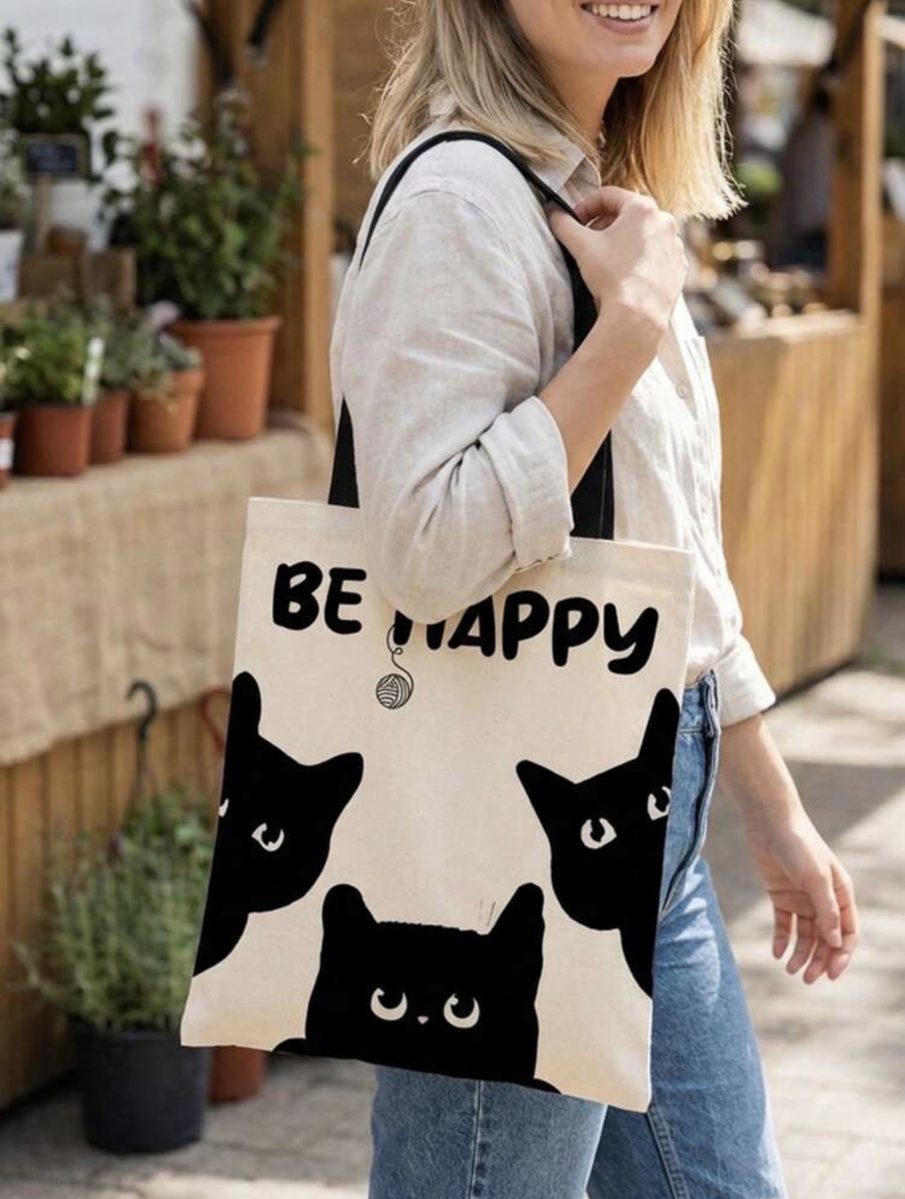 “Be Happy” Canvas Tote Bag