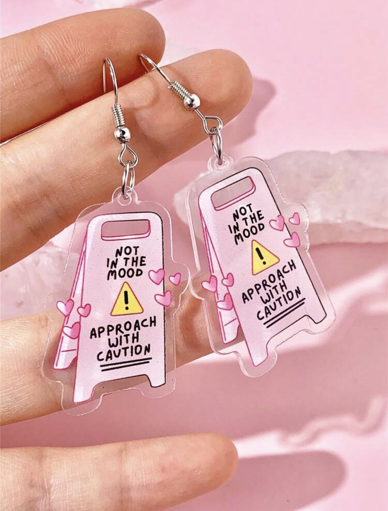 Pink Warning Sign Acrylic Earrings — alternate