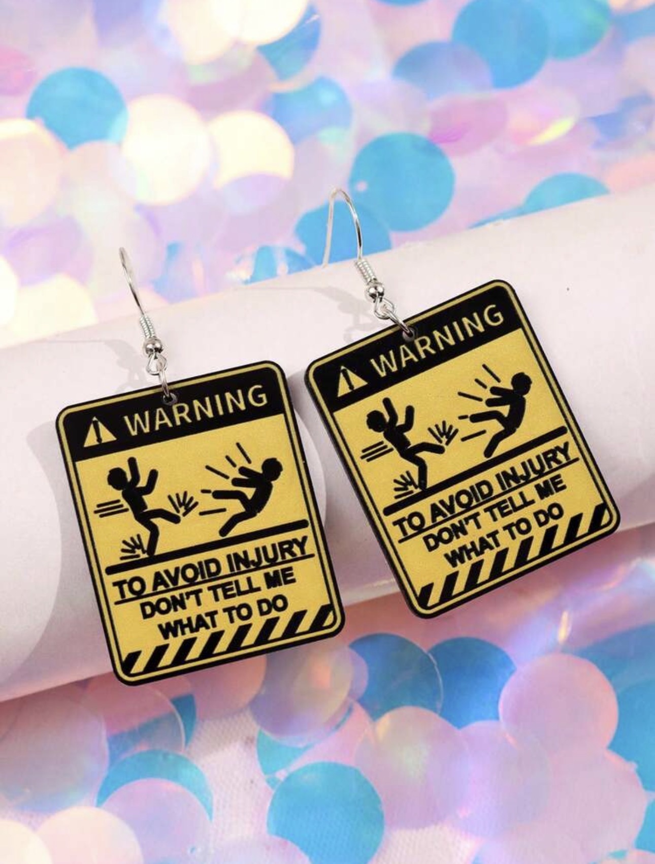 Warning Sign Acrylic Dangle Earrings — alternate