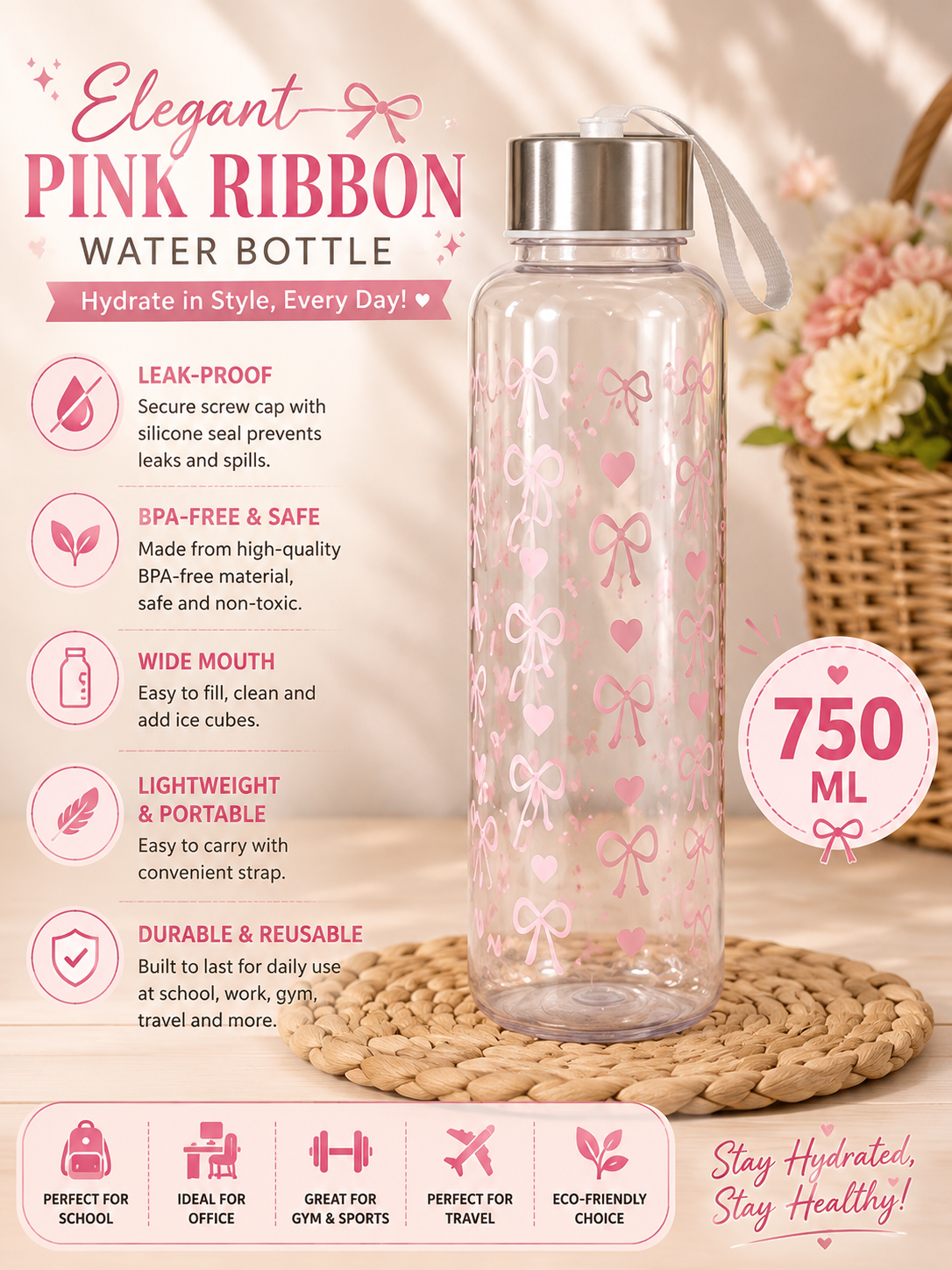Elegant Pink Ribbon Water Bottle – 750ML