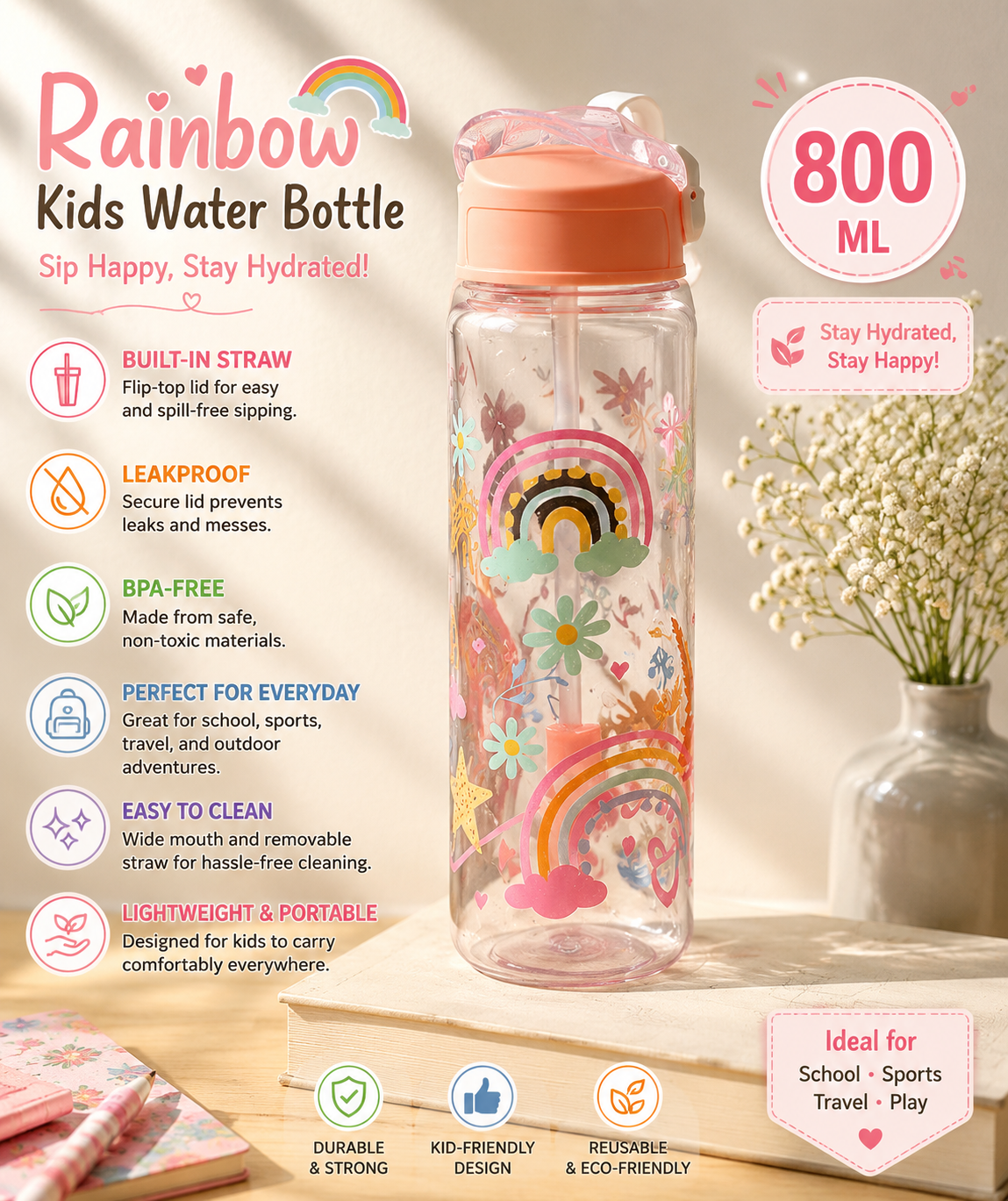 Rainbow Kids Water Bottle - 800ML