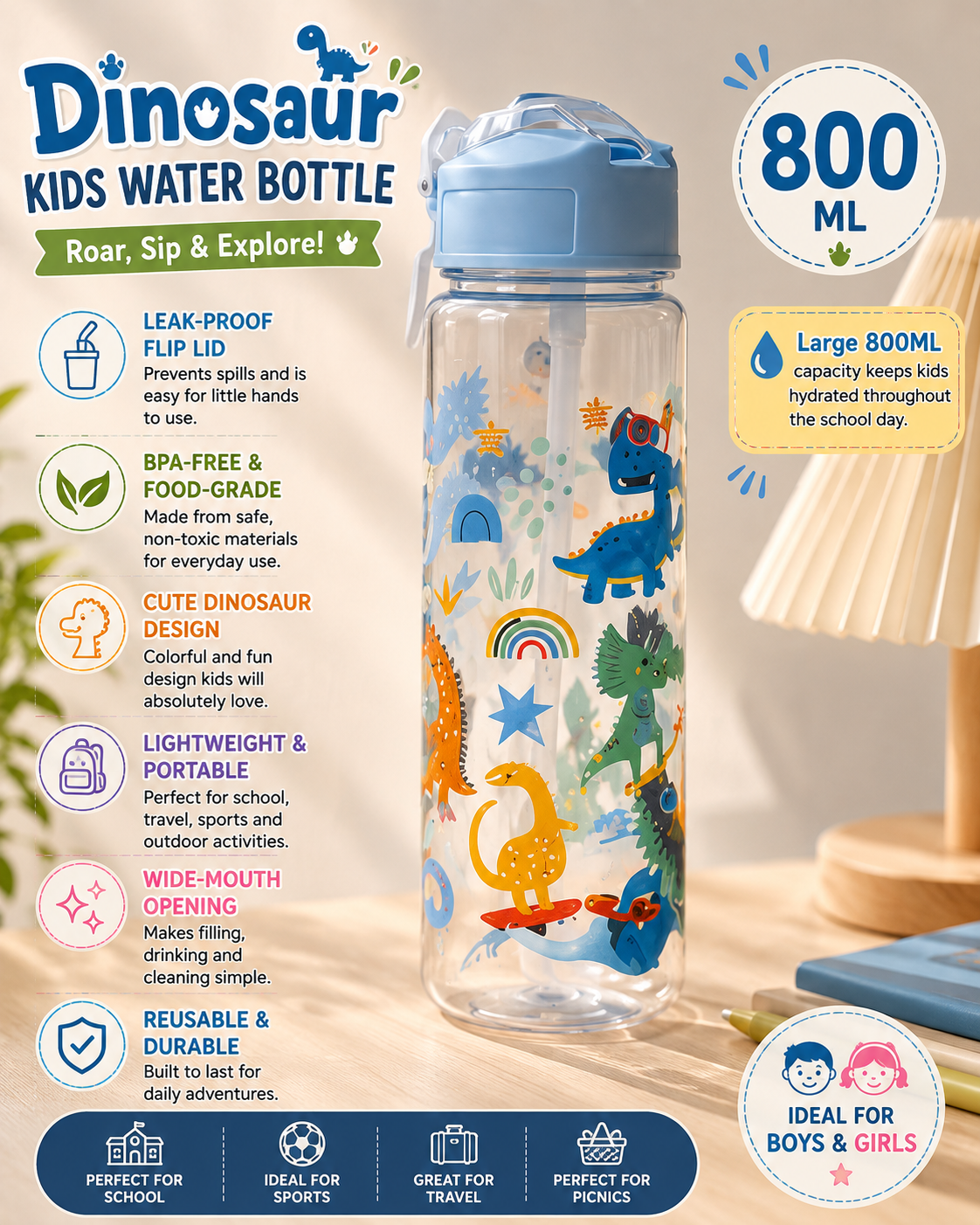 Kids Dinosaur Water Bottle – 800ML
