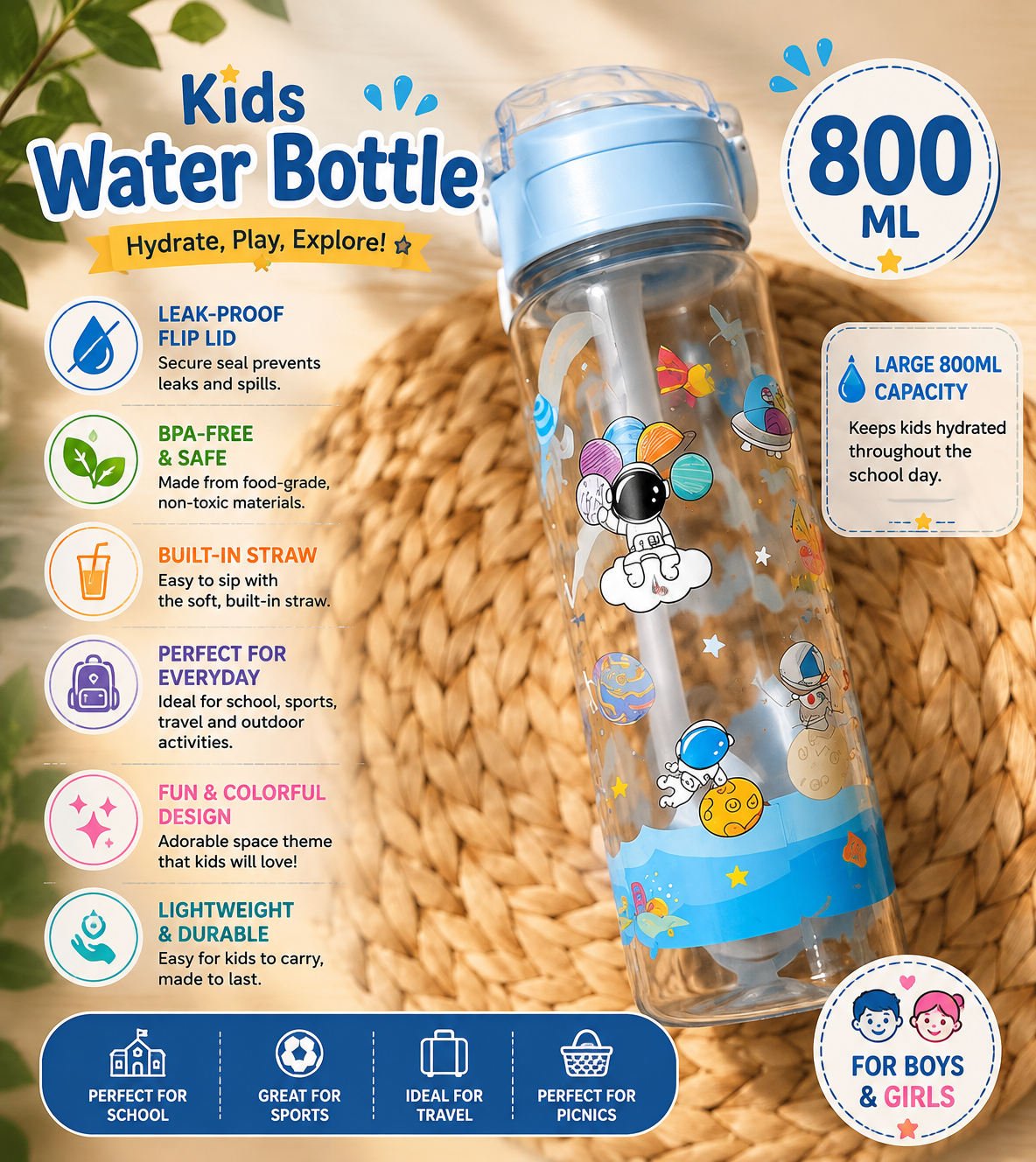 Kids Space Water Bottle – 800ML