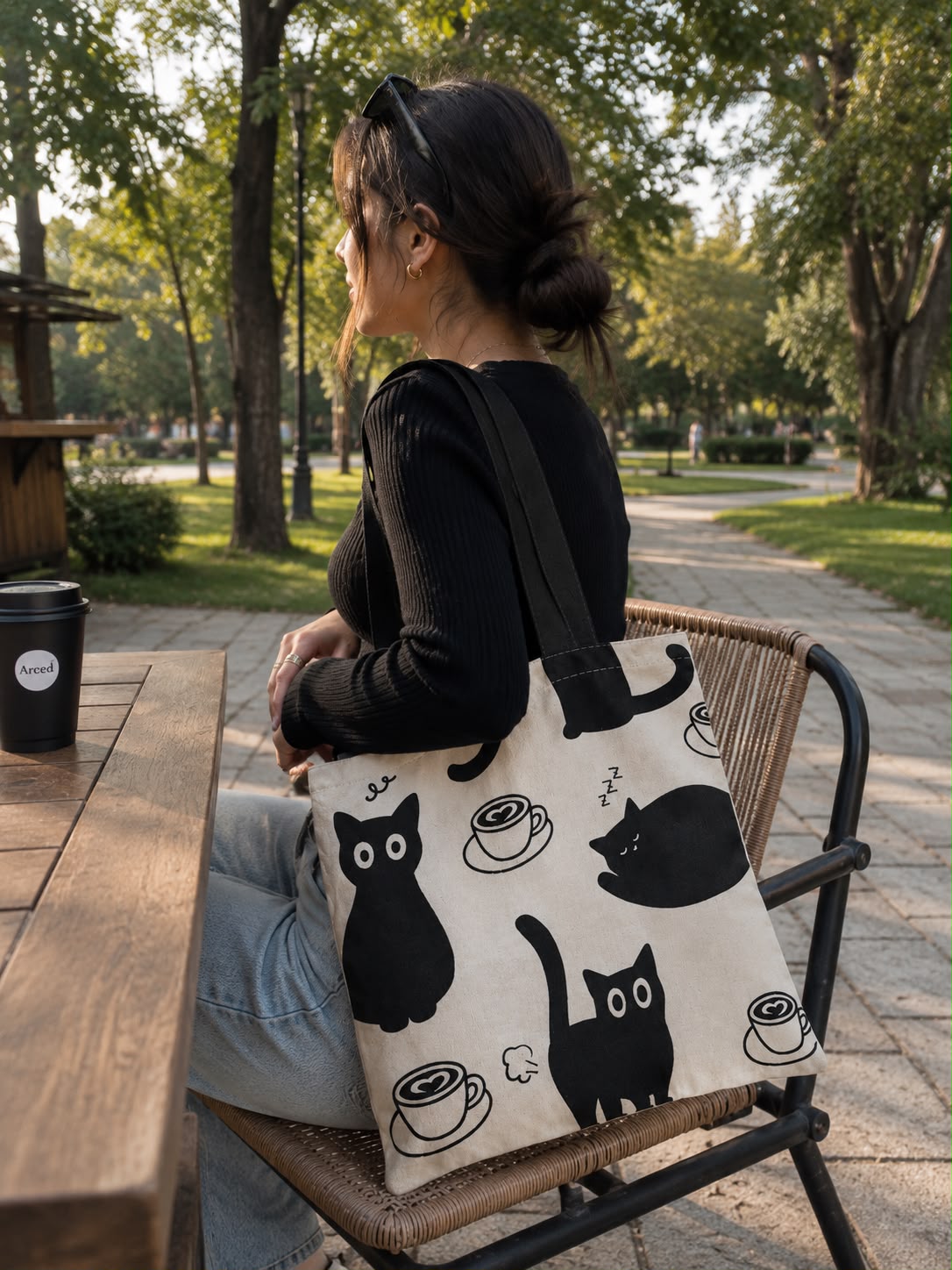 Cat Pattern Double-Sided Printed Linen Shoulder Tote Bag